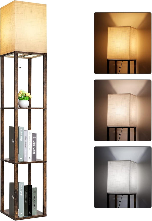 Modern Floor Lamp with Shelves - Stylish Corner Lighting & Display Storage, 3 Color Temperatures, 8W Bulb Included, Perfect for Living Room, Bedroom, and Office Decor (Brown)